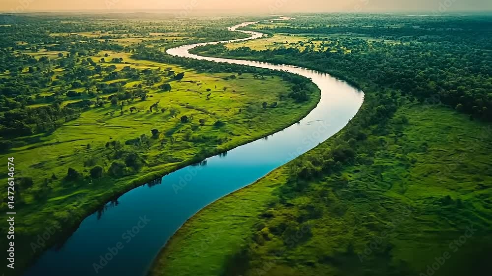 Aerial view of a winding river flowing through a vibrant landscape in nature Aerial view of a winding river flowing through a vibrant landscape in nature