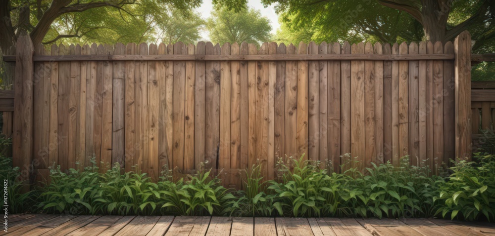 Fototapeta premium Photorealistic outdoor poster on rustic wooden fence, idyllic park background , advertisement, display, texture