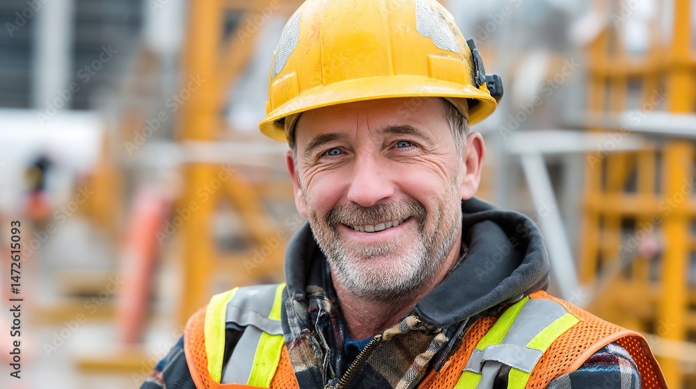 Fototapeta premium Construction worker in hard hat and safety vest smiles on site. Confident and ready for the job.