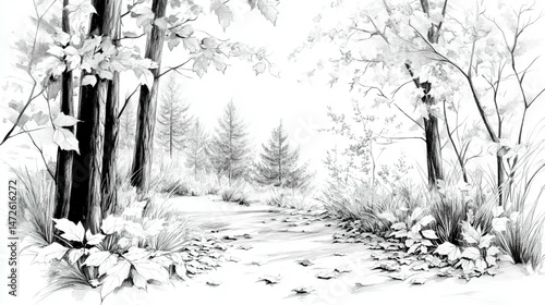 Detailed pencil sketch of a tranquil forest path.  A grayscale woodland scene with trees, foliage, and fallen leaves