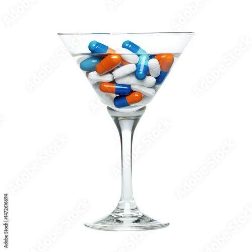 Pills in a martini glass isolated on white background