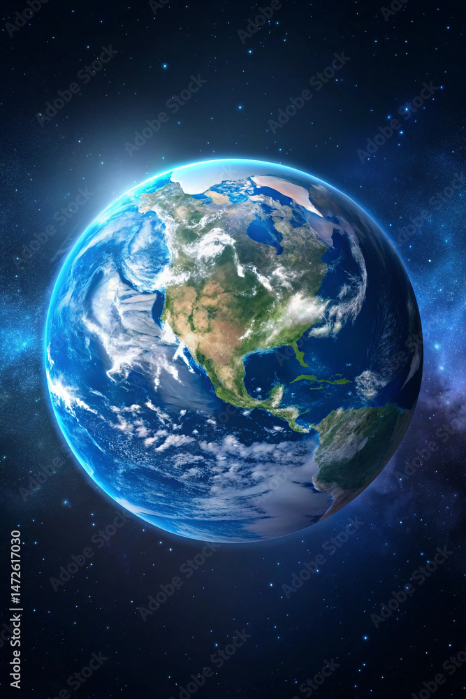 Fototapeta premium Realistic earth globe floating in space with atmosphere and illuminated sunlight.