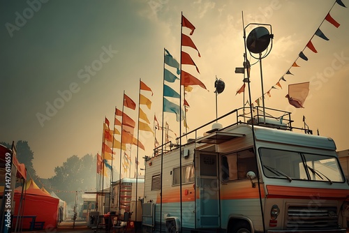A classic vintage camper van parked in a sunny and festive atmosphere, surrounded by colorful flags and a touch of haze,  offering a sense of joy and adventure.