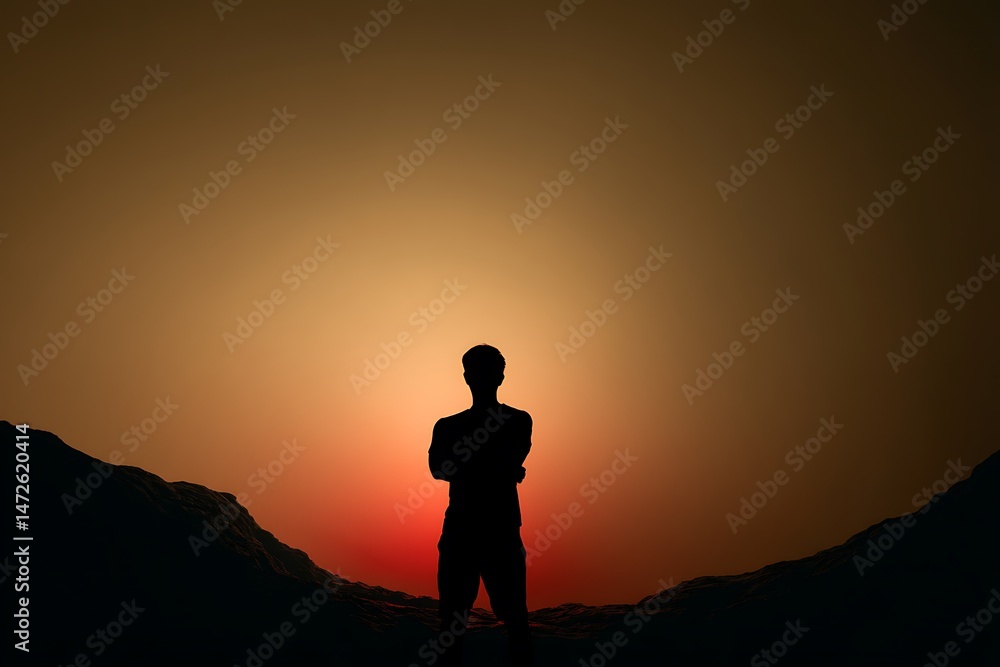Fototapeta premium Solitary Silhouette of a Man at Sunset, Contemplating the Majestic Mountains