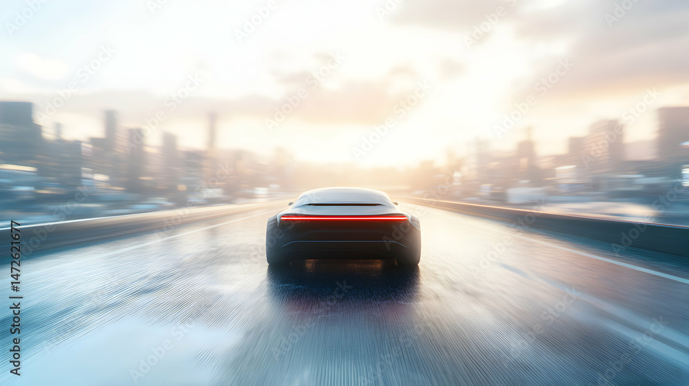 Fototapeta premium Sleek electric vehicle accelerates towards the modern cityscape on a wet road