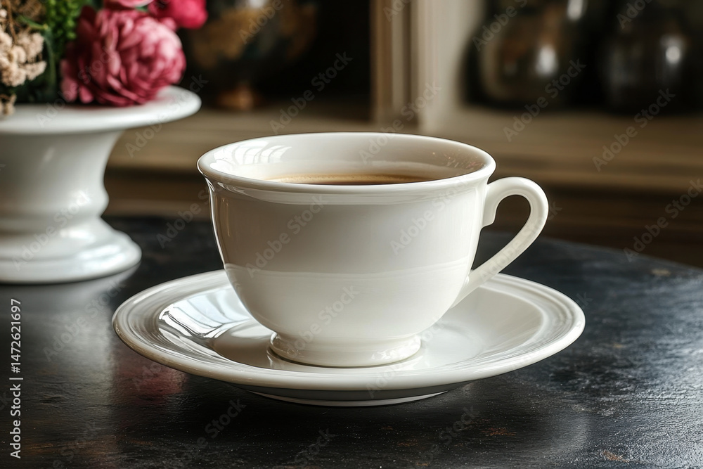 Fototapeta premium Cup of coffee on table with flowers in background.