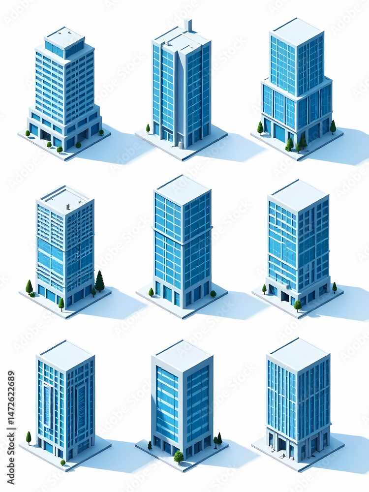 A collection of stylized, isometric skyscrapers, perfect for architectural and urban design projects. A collection of stylized, isometric skyscrapers, perfect for architectural and urban design projects.