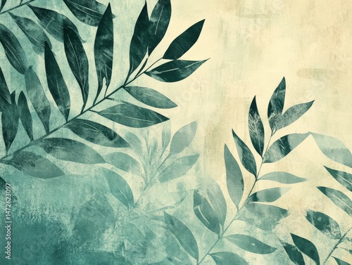 A handmade inked design of tropical leaves, layered with soft textures and shading