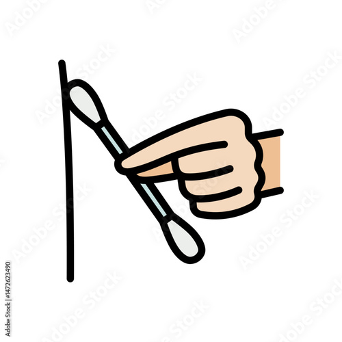 Cotton swab in hand, clean, medical, tool stick vector icon. Removing earwax, cleaning. Safety, cotton swabs logo or symbol. Earwax blockage concept