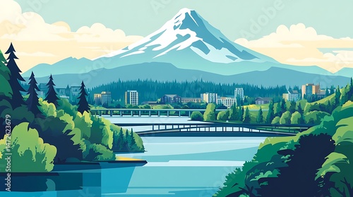 Mt Hood Cityscape with Oregon.