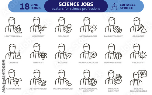 Science jobs icon set. Thin line editable stroke icons for research, laboratory, biology, chemistry, physics, communication and research professions. Character avatars
