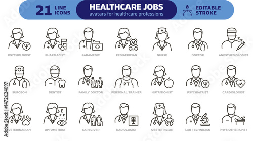 Healthcare jobs icon set. Thin line editable stroke icons for medical professions, health services, hospital staff, wellness, therapy, and clinical care