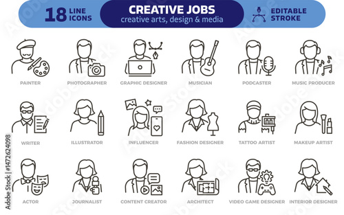 Creative jobs icon set. Thin line editable stroke icons illustration for arts, design, media, content, music, fashion professions careers