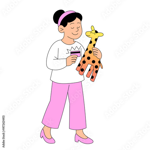 A cheerful and happy child holding a cute giraffe toy while wearing cozy pajamas and smiles
