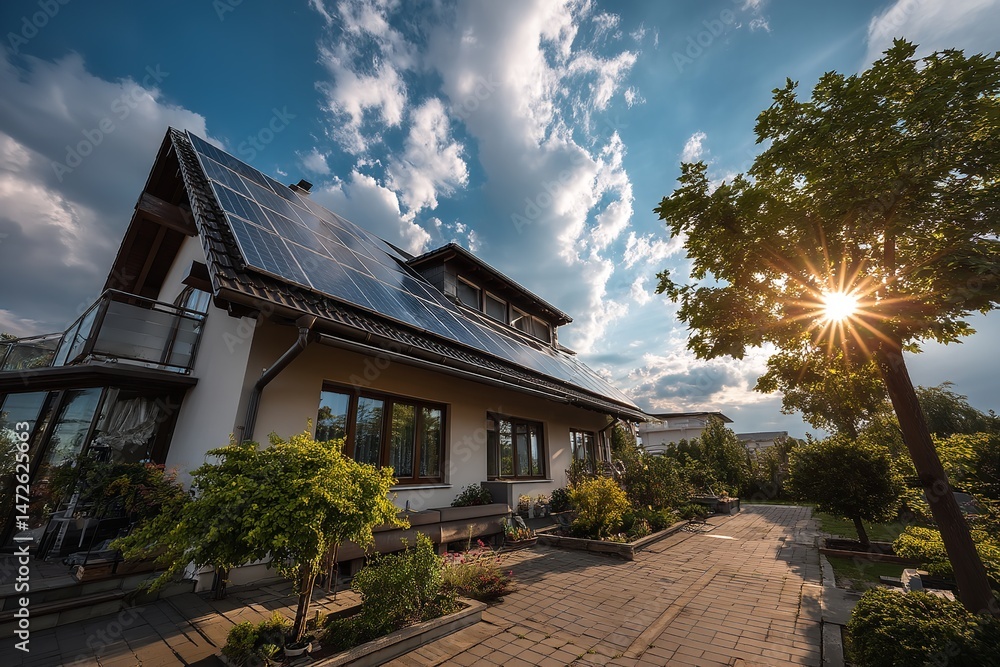 Solar panels on the roof of a modern eco-friendly house under a bright blue sky with clouds and sunlight, clean energy and sustainability concept Solar panels on the roof of a modern eco-friendly house under a bright blue sky with clouds and sunlight, clean energy and sustainability concept