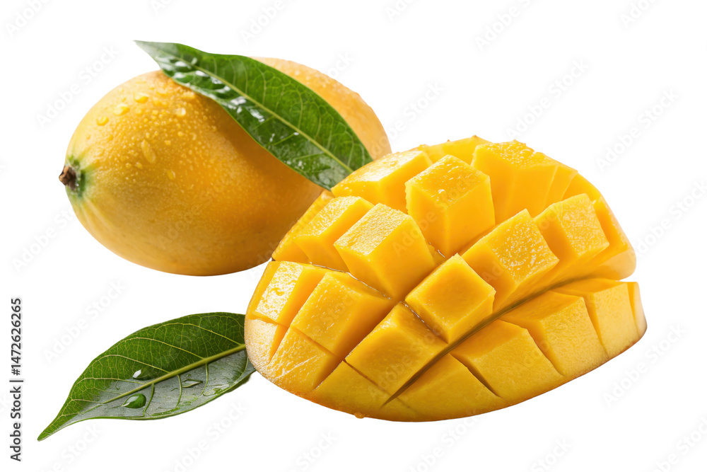 Fototapeta premium Fresh Mango with Sliced Sections and Green Leaves on Display