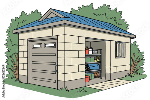 86 a small suburban garage, cinderblock walls, blue metal roof, open garage door, shelves with tools and containers, lush vegetation surrounding the structure, realistic, detailed, high quality, 4k, p