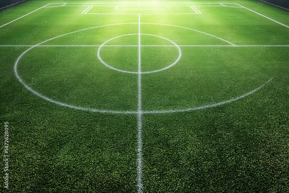 Obraz premium Vibrant green soccer field with white markings.