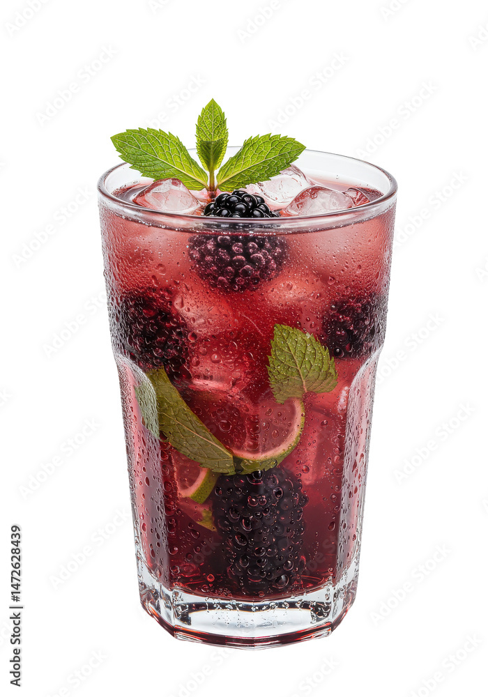 Refreshing drink with blackberries, lime, mint, and ice in a glass. Red liquid, isolated Refreshing drink with blackberries, lime, mint, and ice in a glass. Red liquid, isolated