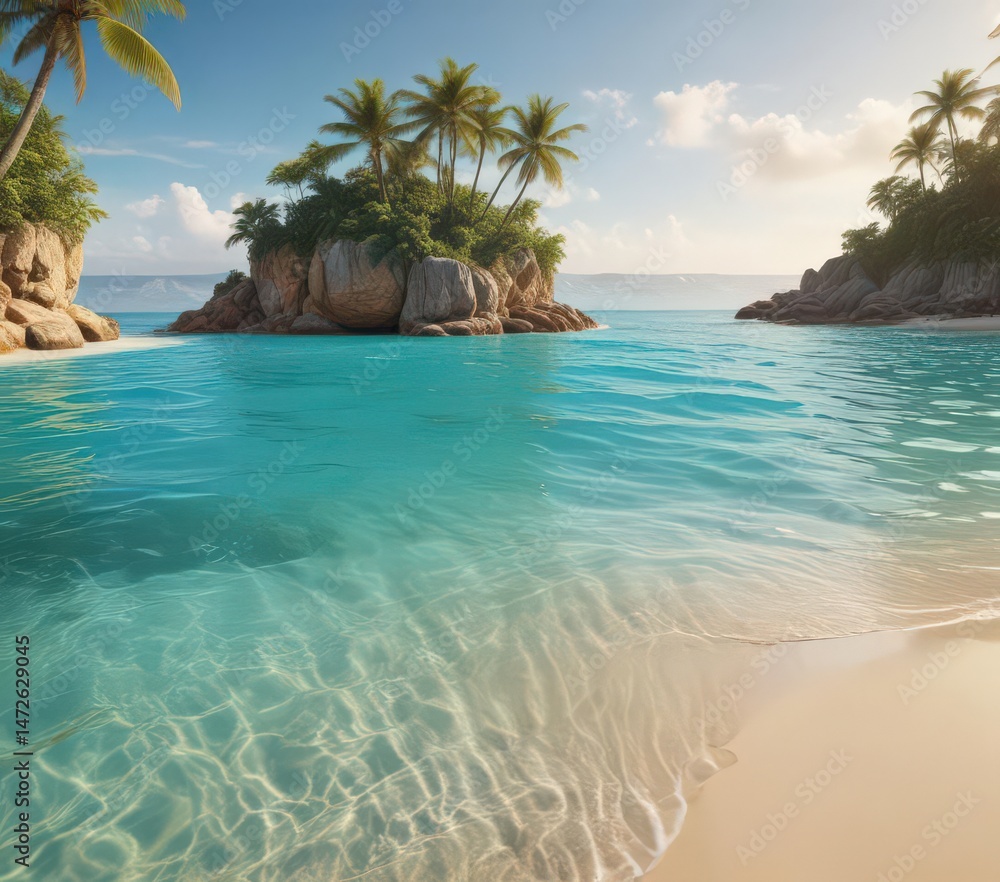 Naklejka premium Golden sand, turquoise water, lush island backdrop, sunlight, tropical beach