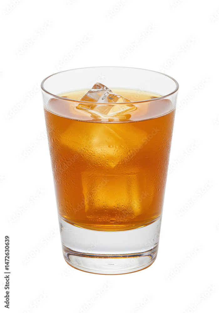 Refreshing brown beverage with ice cubes in a clear glass against a dark backdrop Refreshing brown beverage with ice cubes in a clear glass against a dark backdrop