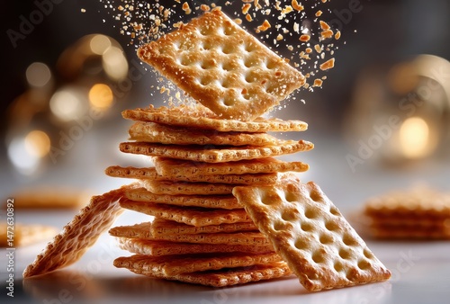 Crispy Golden Crackers Falling from Above on a Stack with a Soft Bokeh Background for Food and Snack Photography Needs