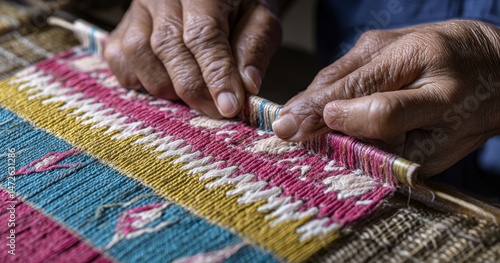 Craftsman's hands weaving colorful threads on a loom.