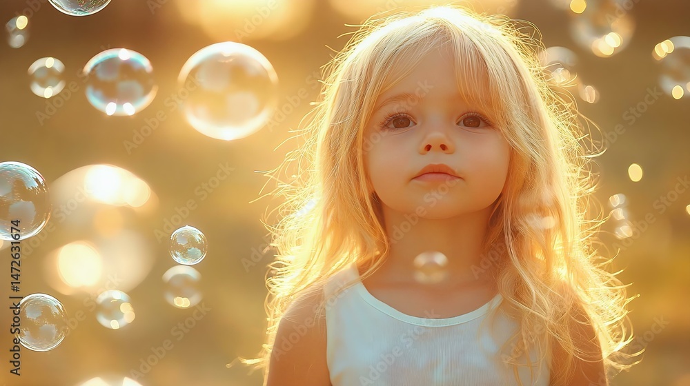 A serene child with flowing hair stands amidst glowing bubbles, radiating joy and innocence in a dreamy, sunlit background. A serene child with flowing hair stands amidst glowing bubbles, radiating joy and innocence in a dreamy, sunlit background.