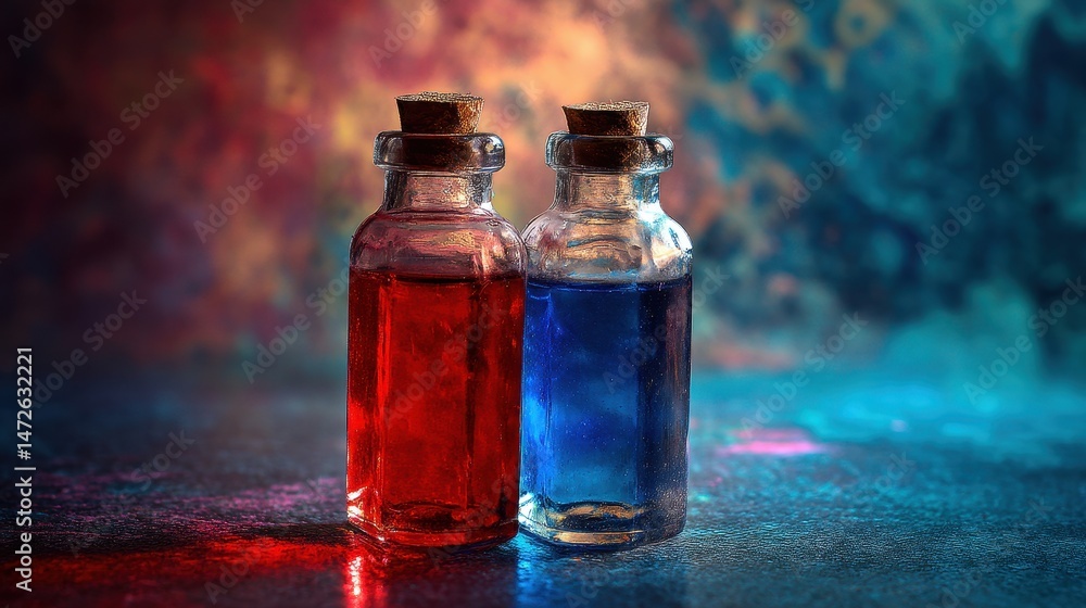 Vibrant Soma Essence Bottles: Red and Blue Elixirs Against an Abstract Therapeutic Background Vibrant Soma Essence Bottles: Red and Blue Elixirs Against an Abstract Therapeutic Background