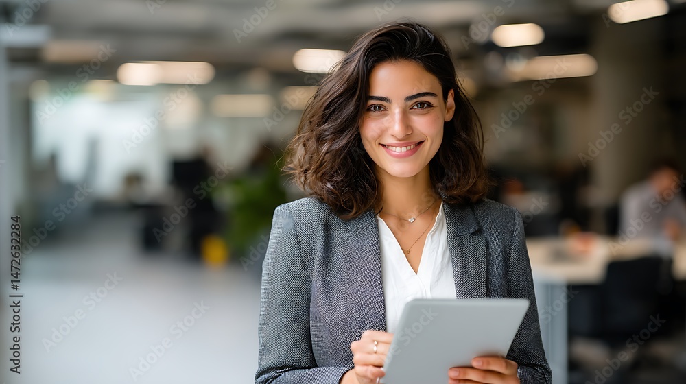 Fototapeta premium Hispanic business woman with tablet for corporate portrait smile 