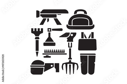 Gardening Tools Icons Set Vector Silhouette of Equipment, Gear and Accessories for Lawn and Garden Work