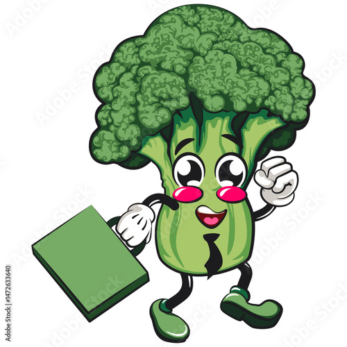 Cute broccoli vegatable vektor illustration mascot character wearing a tie and carrying a suitcase rushing to the office, work of hand drawn