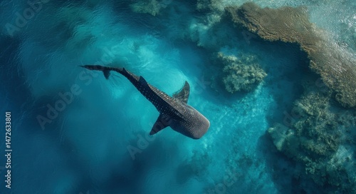 Aerial View of a Majestic Whale Shark Gliding Through Crystal Clear Blue Waters Above a Vibrant Reef in the Bahamas