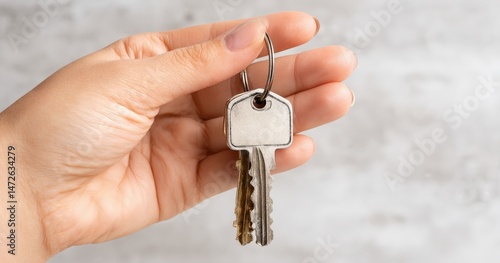Hand holding silver keys on a ring.