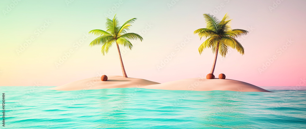 Fototapeta premium Small tropical islands with palm trees and coconuts surrounded by calm turquoise water.