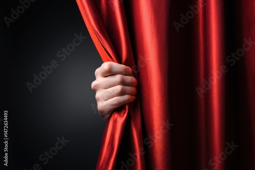 Hand pulling back a red curtain with dramatic lighting.