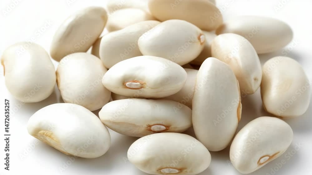 Close-up studio shot featuring a pile of lima beans, creamy white color, and delicate texture displayed on a bright neutral surface. Close-up studio shot featuring a pile of lima beans, creamy white color, and delicate texture displayed on a bright neutral surface.