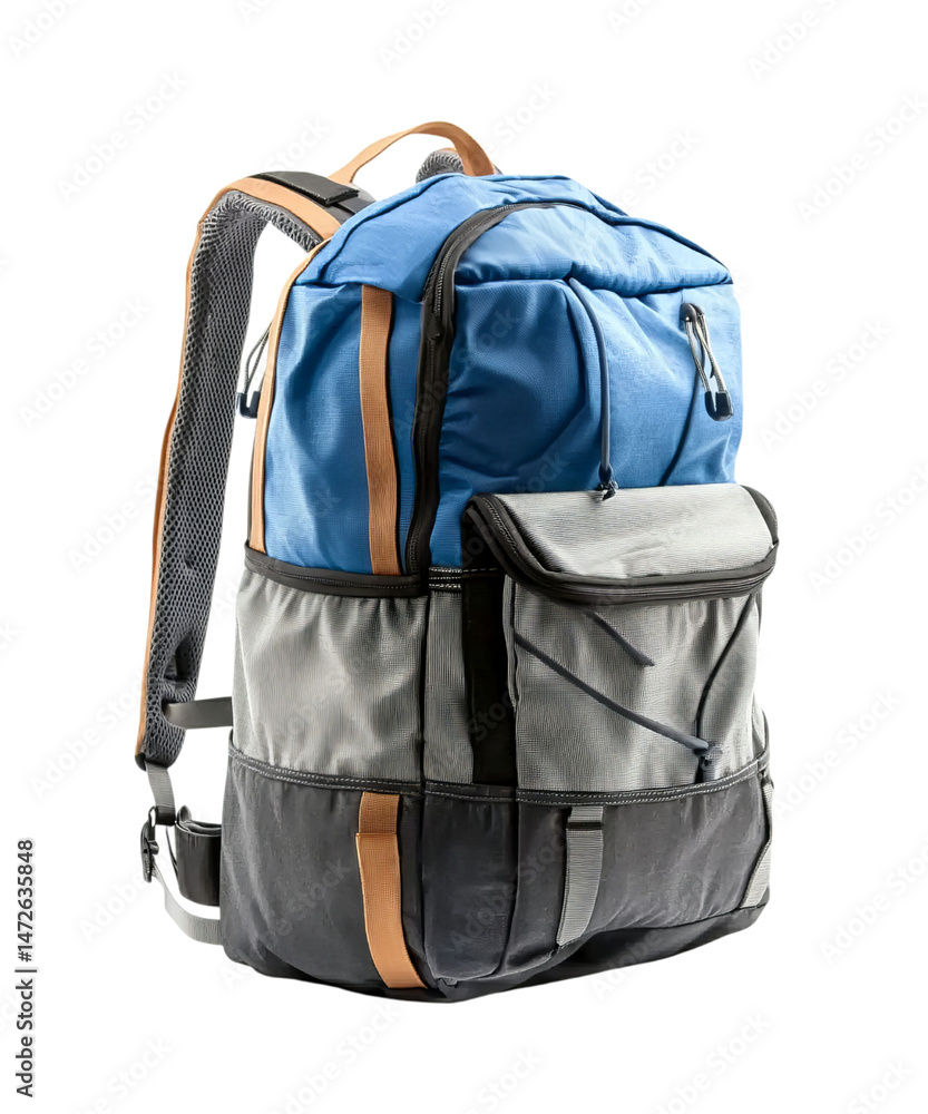 Naklejka premium Blue and gray backpack with a front pocket, isolated on Png Format and Transparent Background