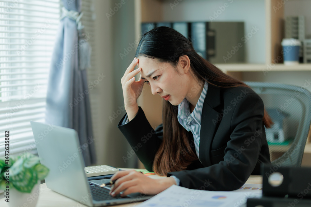 Overworked businesswoman with laptop and financial papers, showing frustration and fatigue — ideal for workplace burnout, stress, and mental health topics. Overworked businesswoman with laptop and financial papers, showing frustration and fatigue — ideal for workplace burnout, stress, and mental health topics.