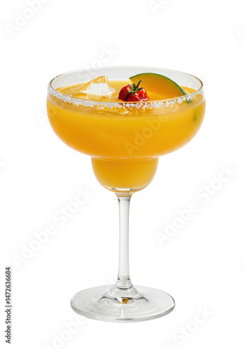 Refreshing yellow drink with melon garnish in elegant glass on a black background