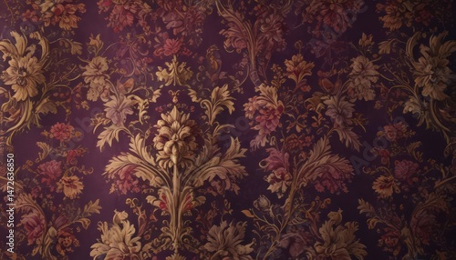 Opulent damask-style floral wallpaper, rich jewel tones , background, seamless, fabric