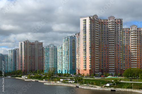Photography Picturesque Embankment and new modern residential area of Pavshinsky floodplain