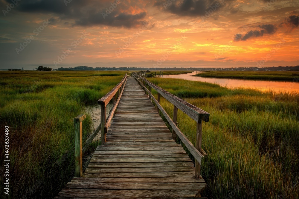 Fototapeta premium Serene Sunset over South Carolina Low Country Marsh with Wooden Pier and Lush Green Grass