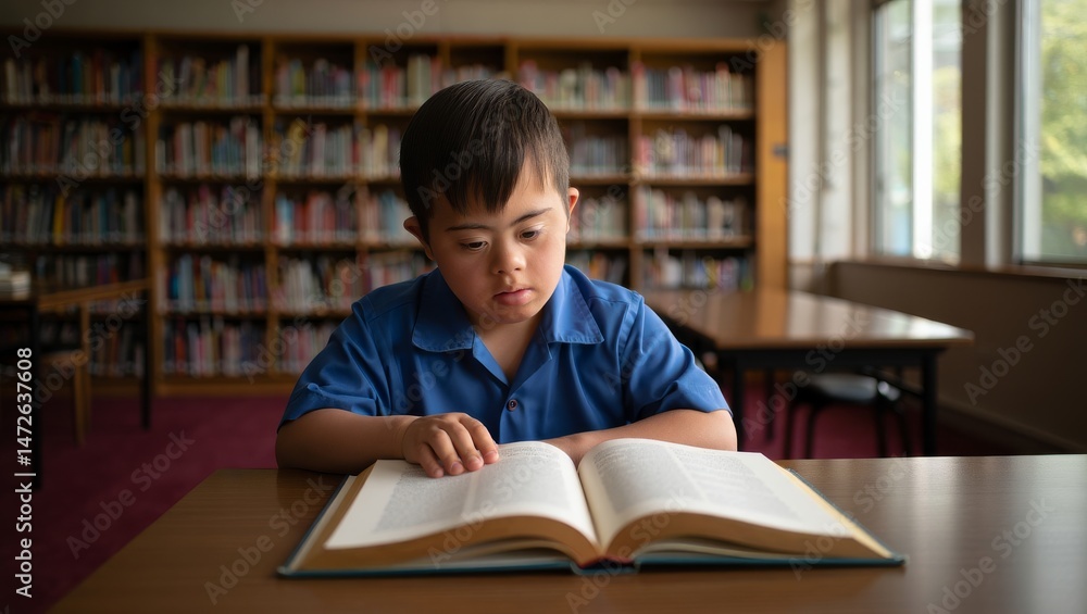 Person with Down Syndrome Reading in a Quiet Library, Peaceful and Inclusive Learning Moment Person with Down Syndrome Reading in a Quiet Library, Peaceful and Inclusive Learning Moment