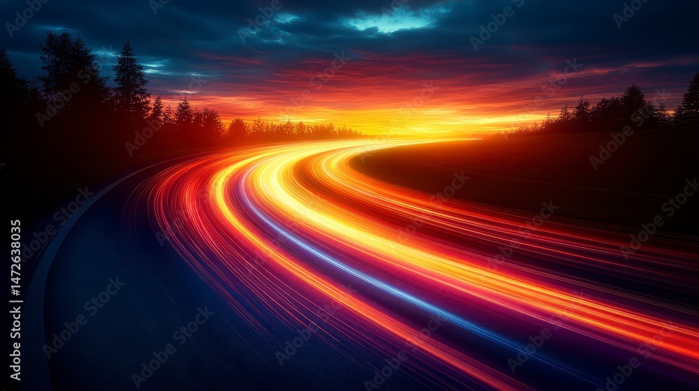 Curving road with light trails at sunset Curving road with light trails at sunset