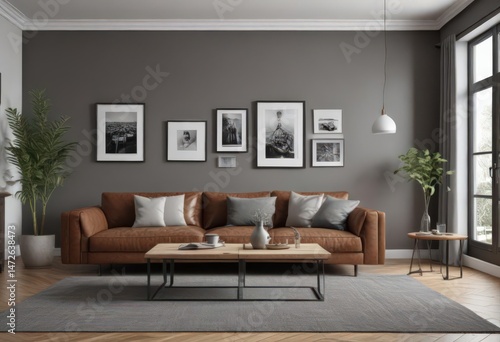 Elegant dining & living area  Brown sofa, wood table, B&W gallery wall, grey backdrop ,  white,  stylish,  style