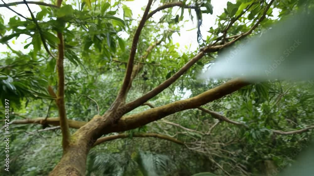Cluster of unusual tree fruit with peeling skin hanging from branches in a blurred outdoor setting.
