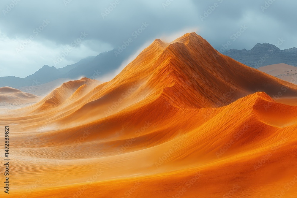 Naklejka premium Sand dunes display vibrant orange hues under cloudy skies in a striking desert landscape at dusk