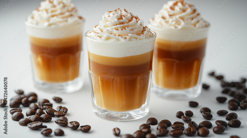 A cup of espresso with beautiful, cute cream art on top, set against a white background with a bright tone. The smooth texture of the espresso and intricate cream design create a warm, inviting atmosp A cup of espresso with beautiful, cute cream art on top, set against a white background with a bright tone. The smooth texture of the espresso and intricate cream design create a warm, inviting atmosp