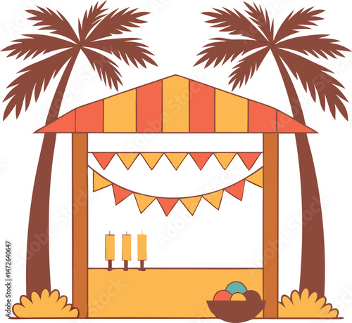 A festive market stand decorated with bunting sits between stylized palm trees on white